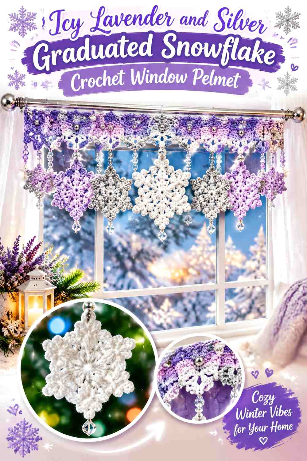 Icy Lavender and Silver Graduated Snowflake Crochet Window Pelmet