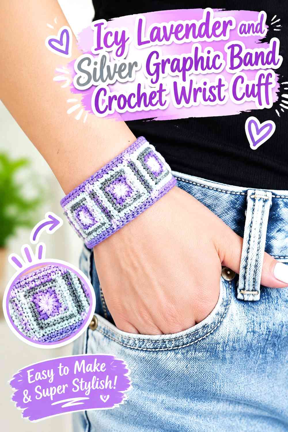 Icy Lavender and Silver Graphic Band Crochet Wrist Cuff