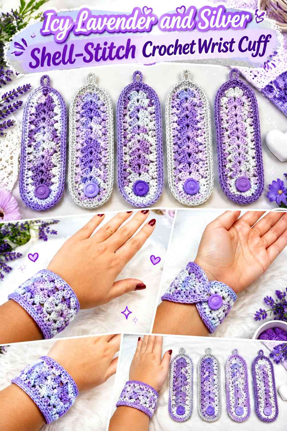Icy Lavender and Silver Shell-Stitch Crochet Wrist Cuff