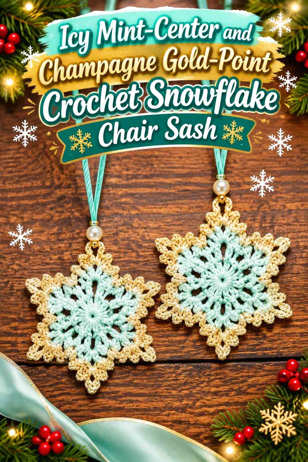 Icy Mint-Center and Champagne Gold-Point Crochet Snowflake Chair Sash