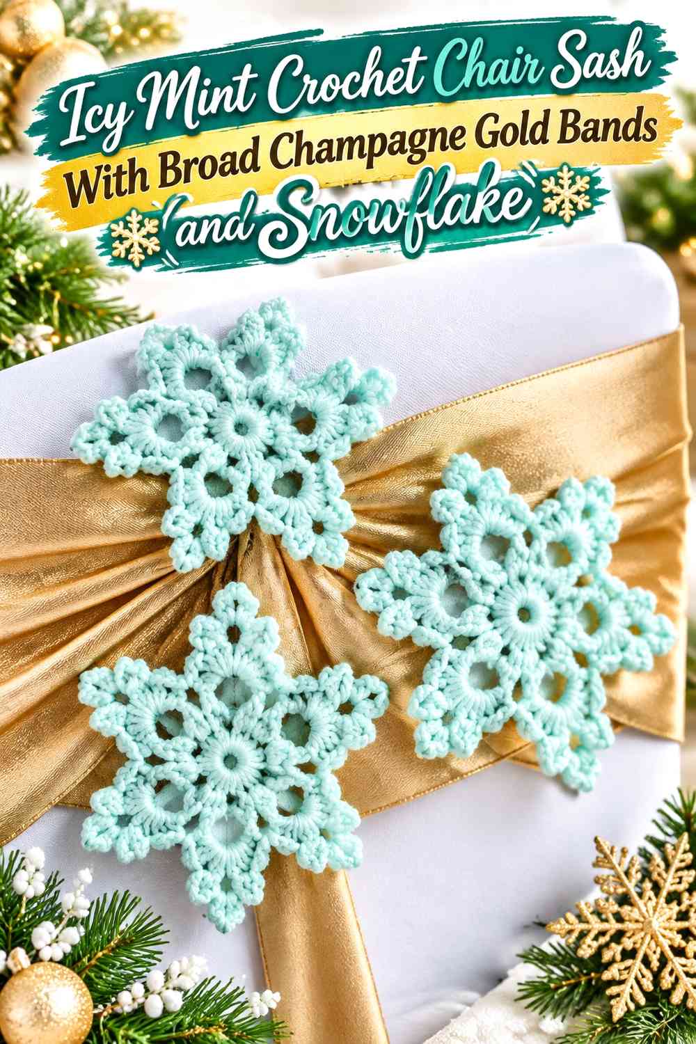Icy Mint Crochet Chair Sash With Broad Champagne Gold Bands and Snowflake