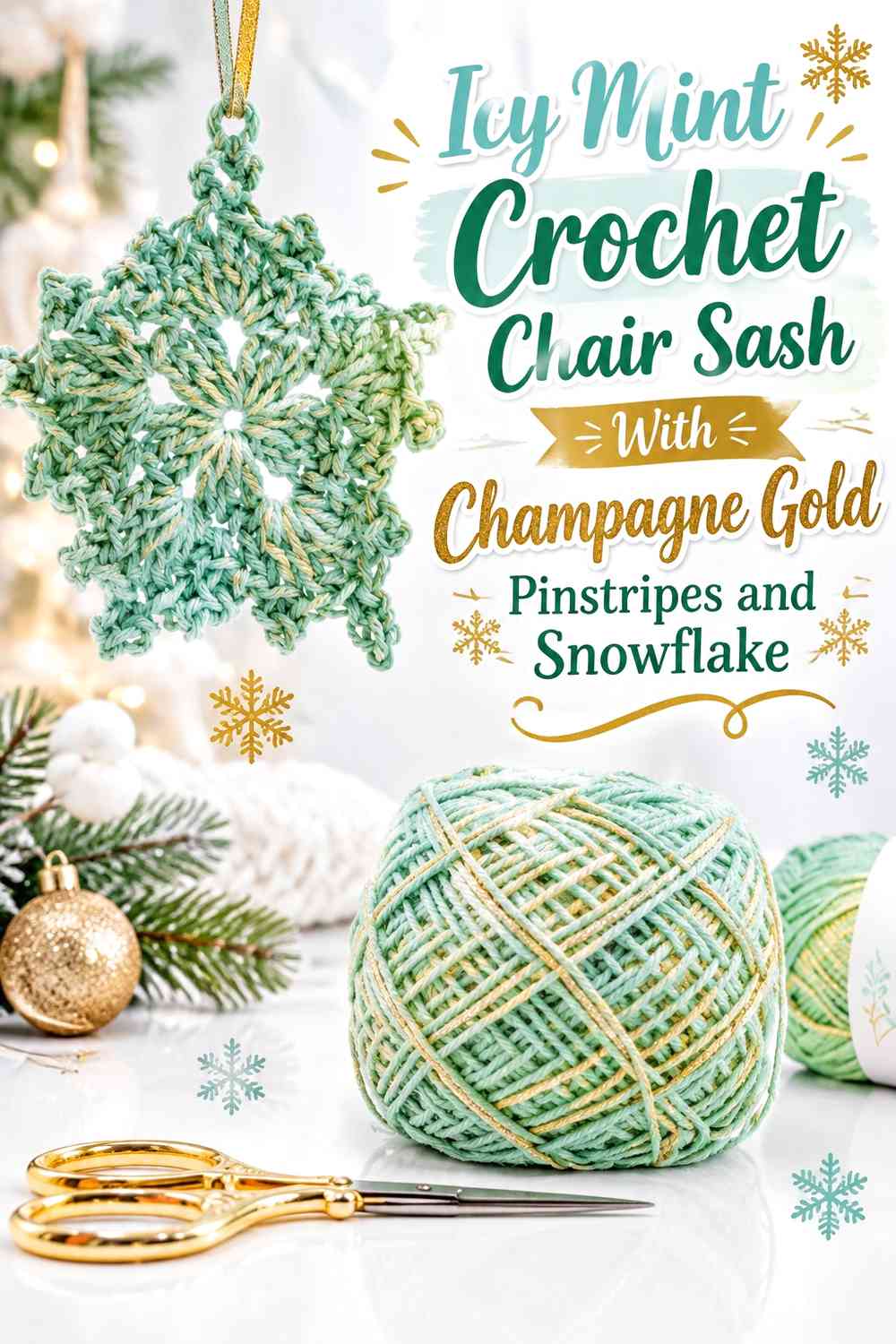 Icy Mint Crochet Chair Sash With Champagne Gold Pinstripes and Snowflake