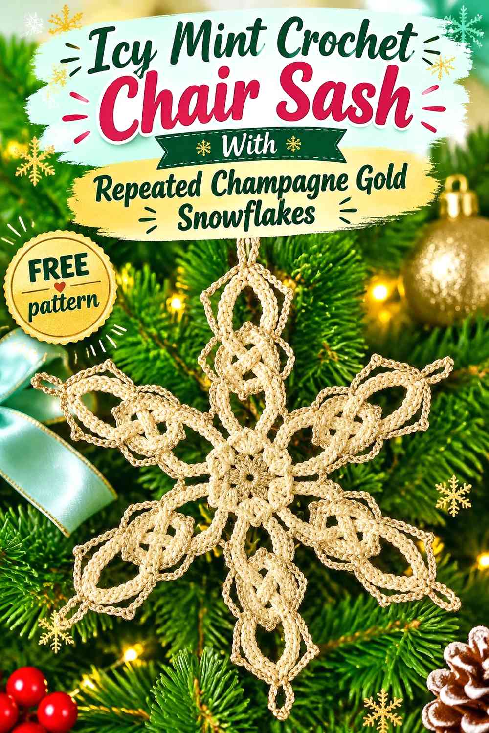 Icy Mint Crochet Chair Sash With Repeated Champagne Gold Snowflakes