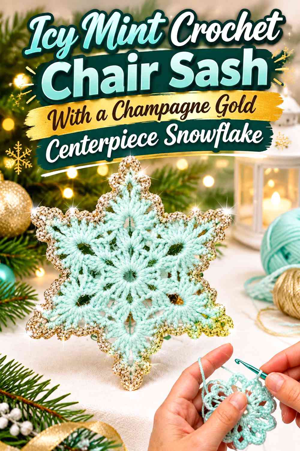 Icy Mint Crochet Chair Sash With a Champagne Gold Centerpiece Snowflake