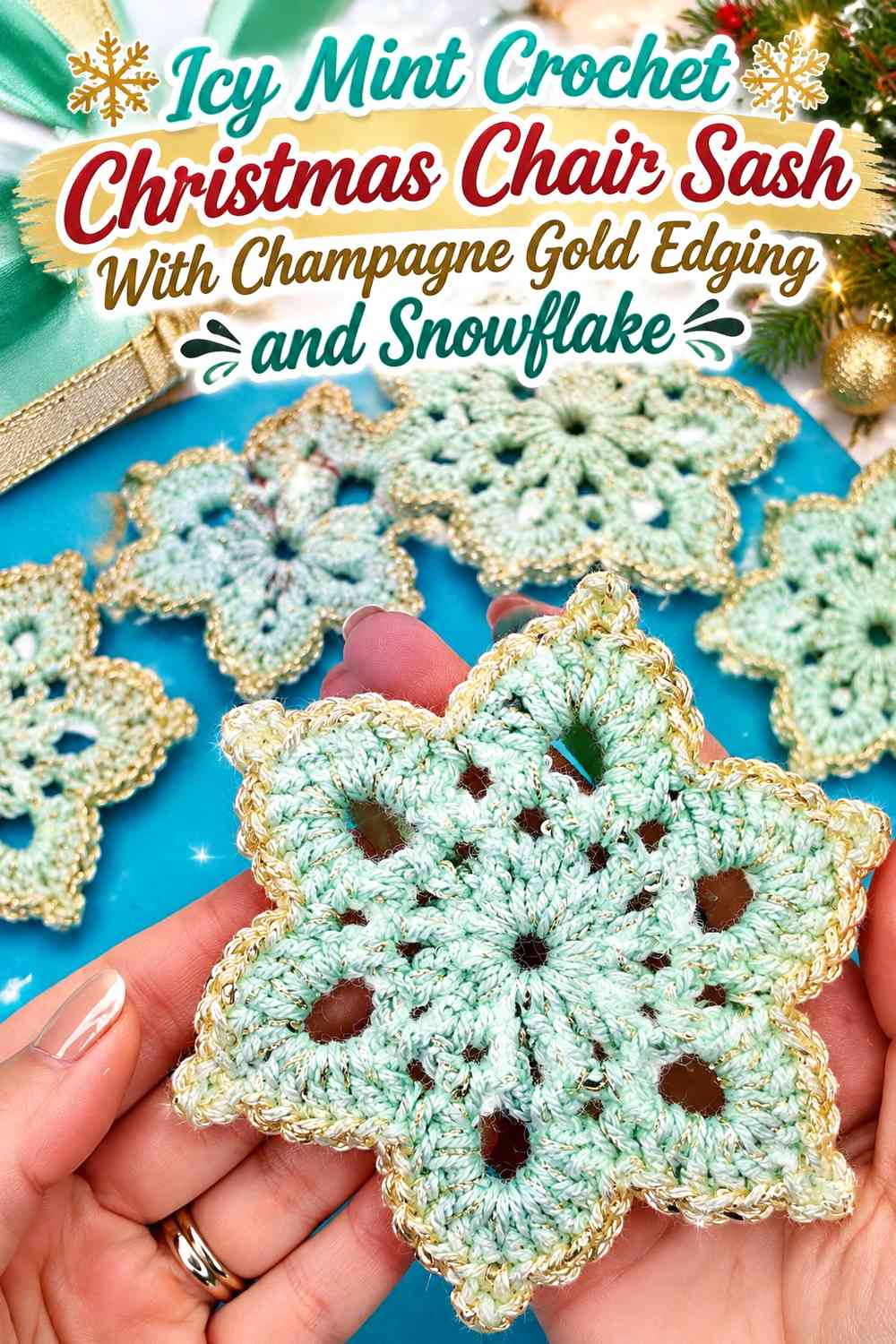 Icy Mint Crochet Christmas Chair Sash With Champagne Gold Edging and Snowflake