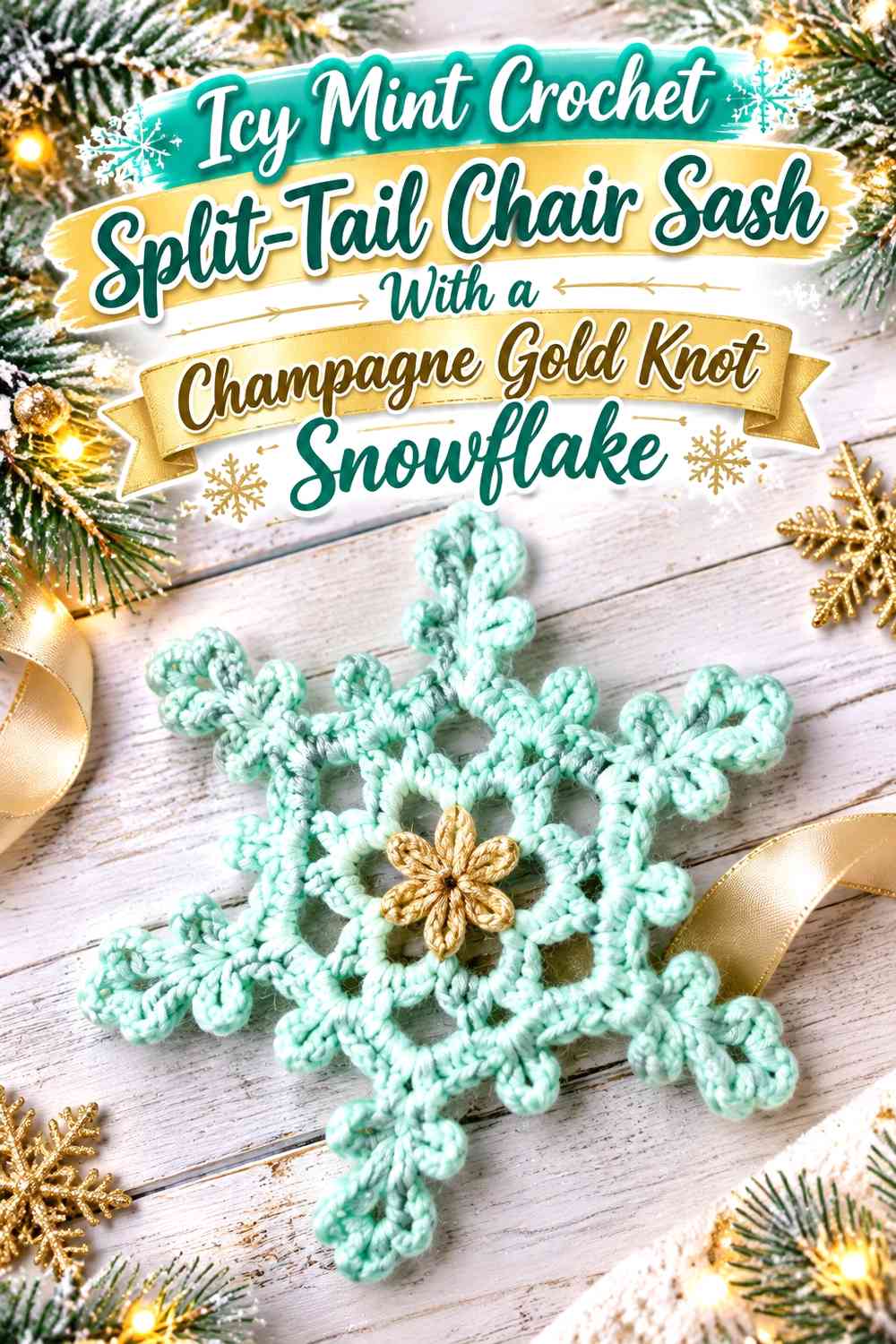 Icy Mint Crochet Split-Tail Chair Sash With a Champagne Gold Knot Snowflake