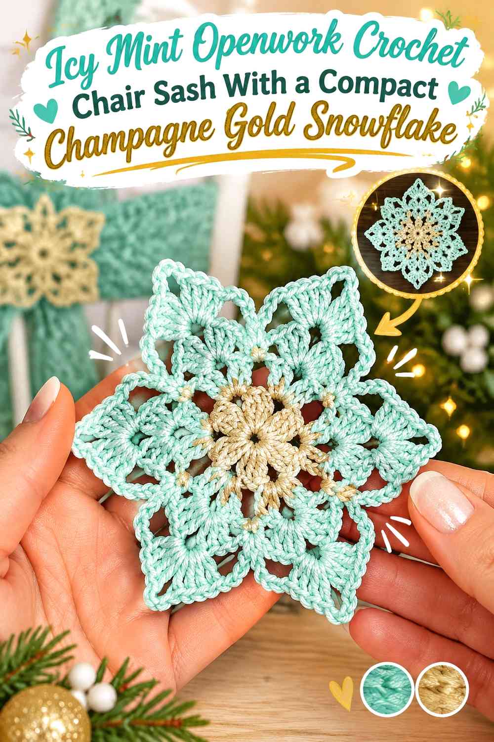Icy Mint Openwork Crochet Chair Sash With a Compact Champagne Gold Snowflake