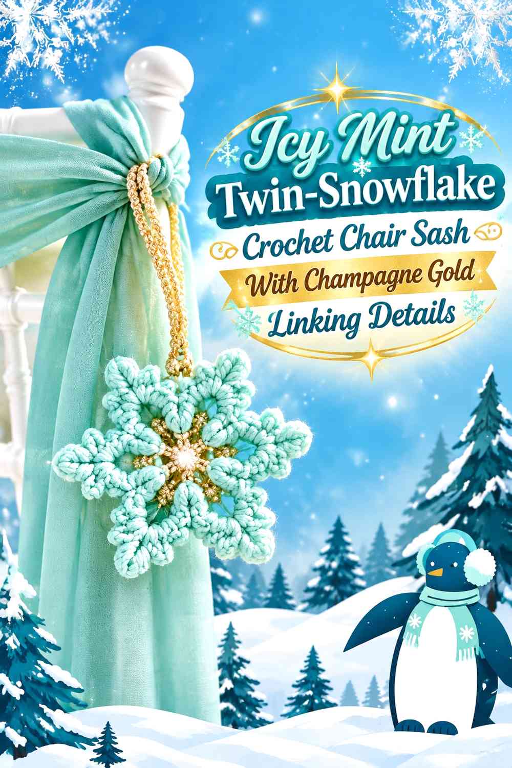 Icy Mint Twin-Snowflake Crochet Chair Sash With Champagne Gold Linking Details