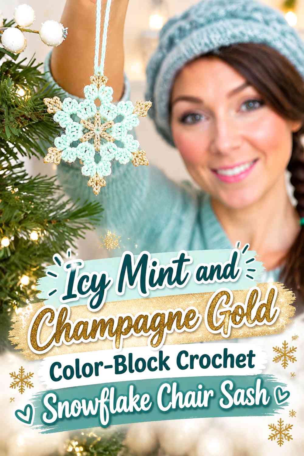 Icy Mint and Champagne Gold Color-Block Crochet Snowflake Chair Sash