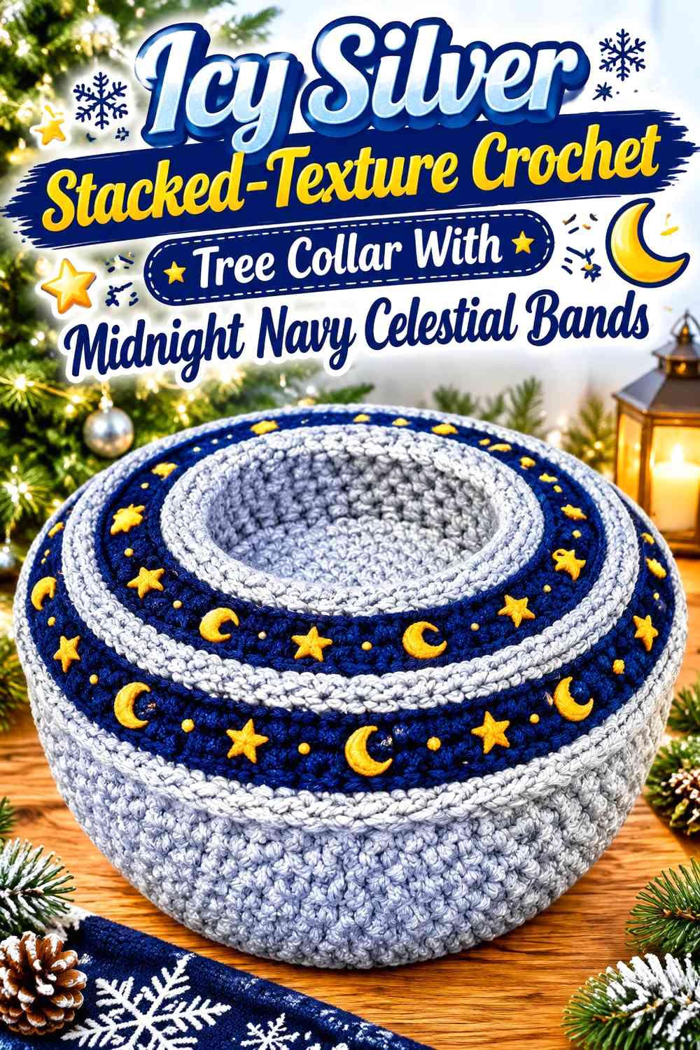 Icy Silver Stacked-Texture Crochet Tree Collar With Midnight Navy Celestial Bands