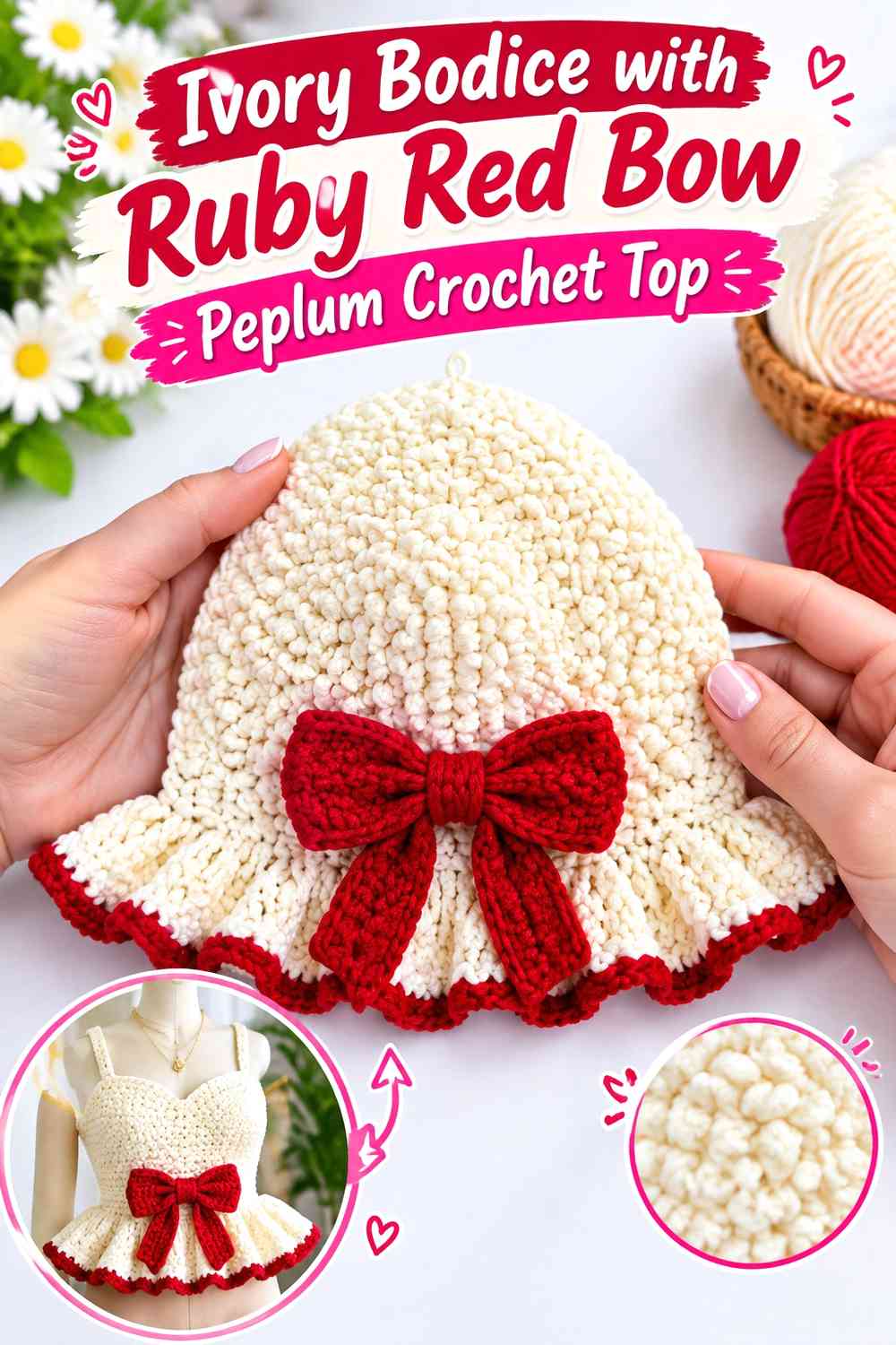 Ivory Bodice with Ruby Red Bow Peplum Crochet Top