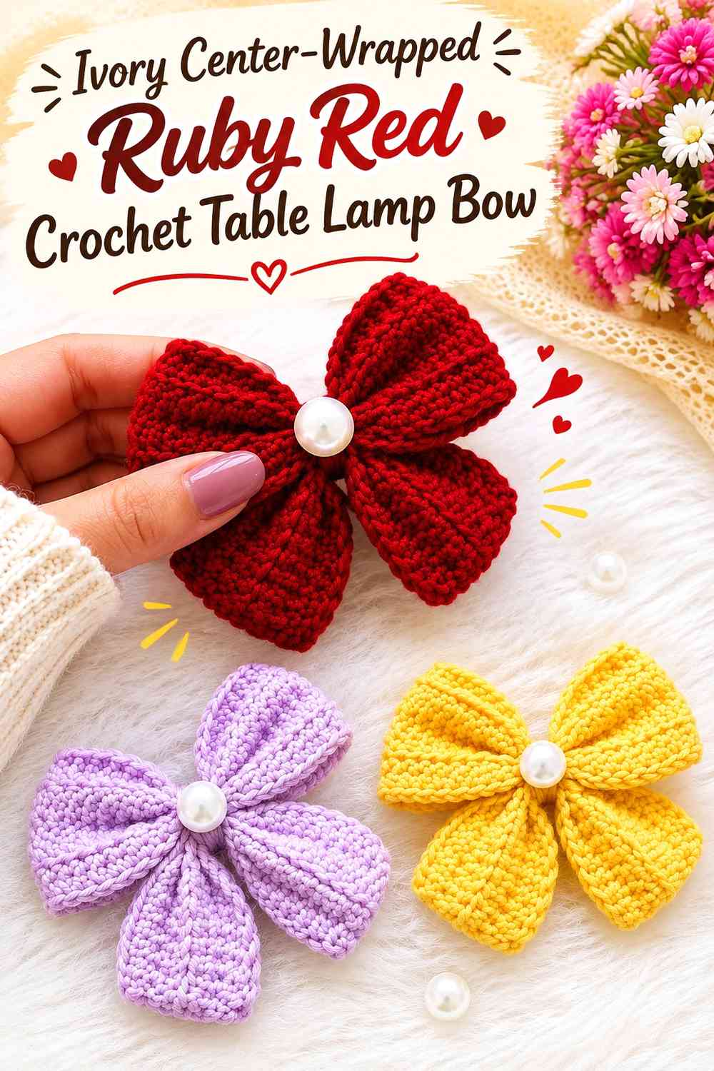 Ivory Center-Wrapped Ruby Red Crochet Table Lamp Bow