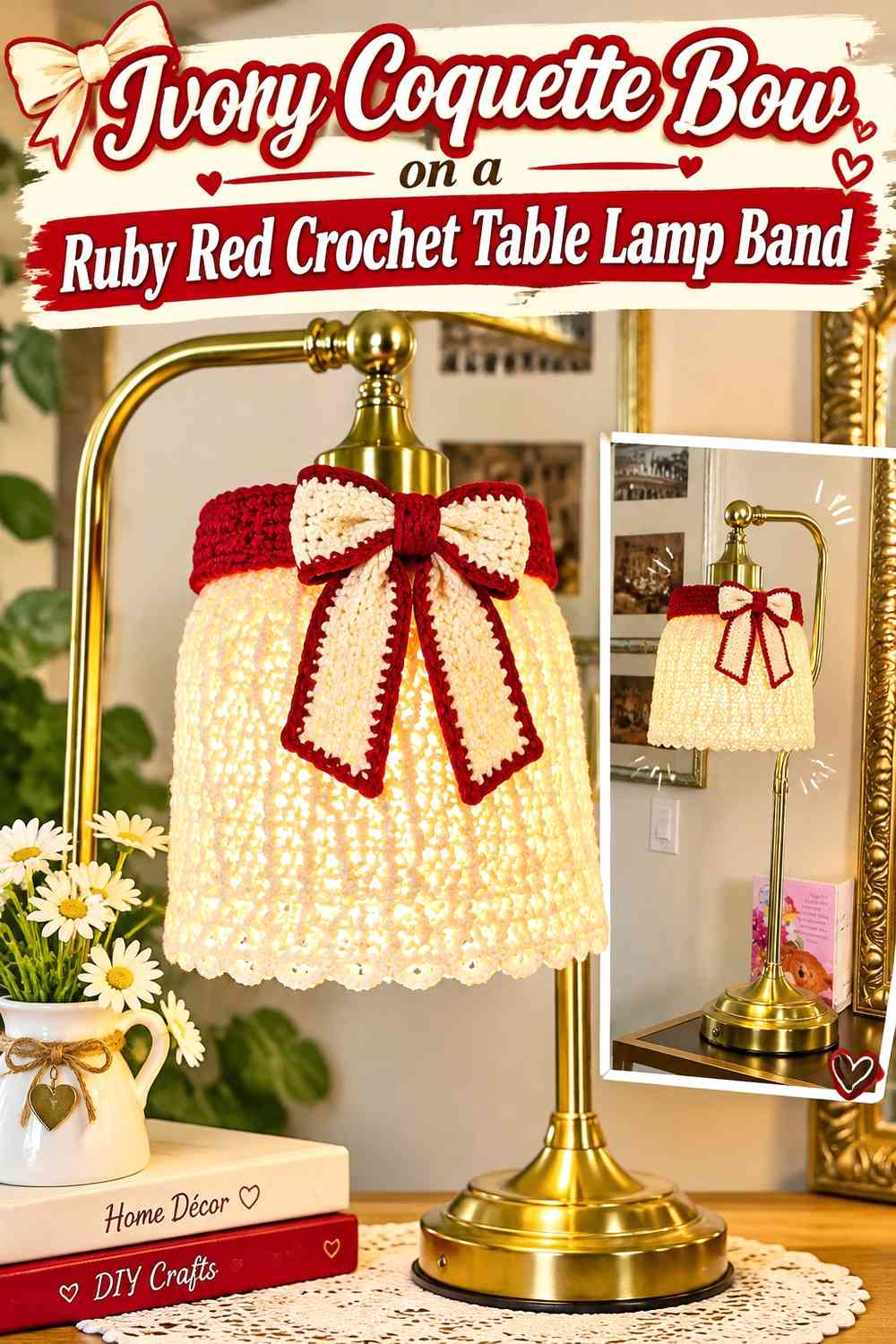 Ivory Coquette Bow on a Ruby Red Crochet Table Lamp Band
