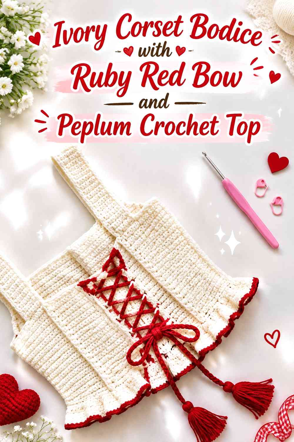 Ivory Corset Bodice with Ruby Red Bow and Peplum Crochet Top