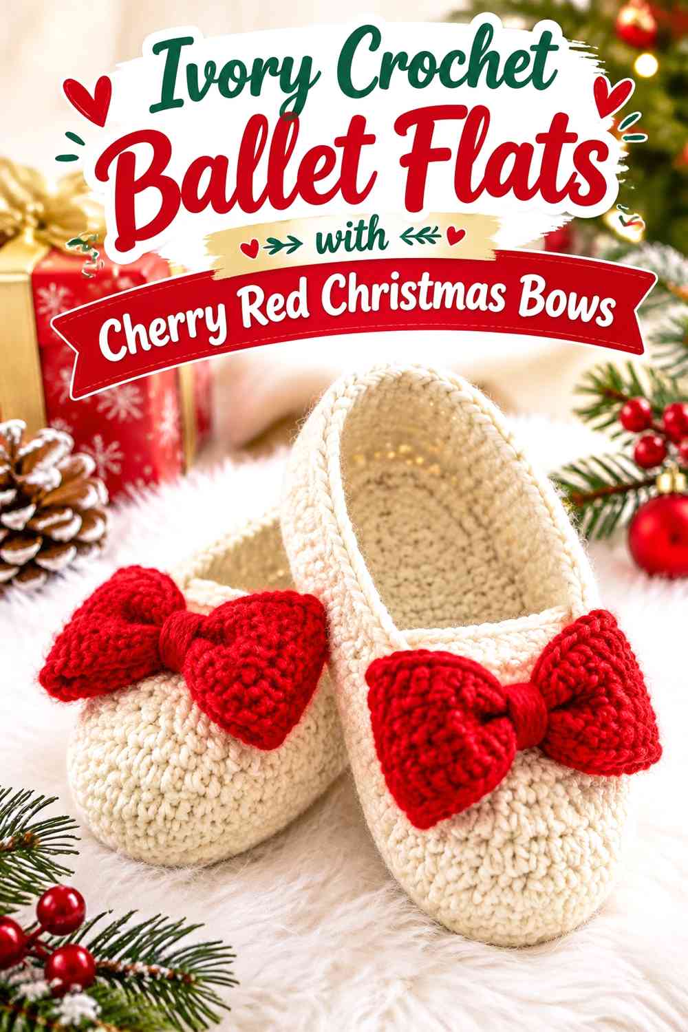 Ivory Crochet Ballet Flats with Cherry Red Christmas Bows