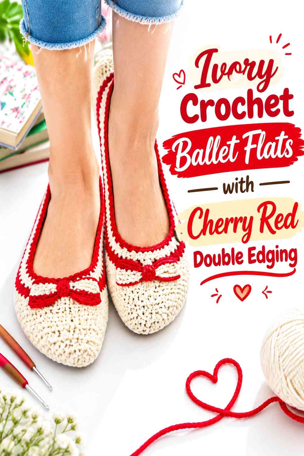Ivory Crochet Ballet Flats with Cherry Red Double Edging