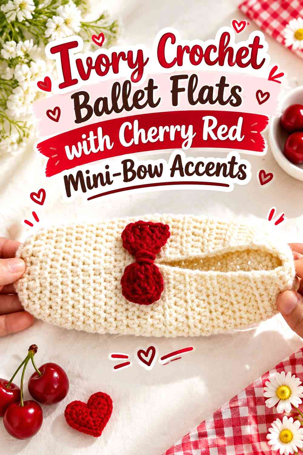 Ivory Crochet Ballet Flats with Cherry Red Mini-Bow Accents