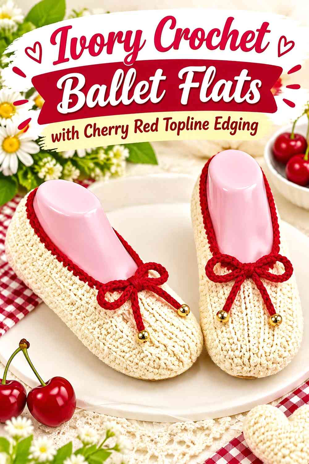 Ivory Crochet Ballet Flats with Cherry Red Topline Edging