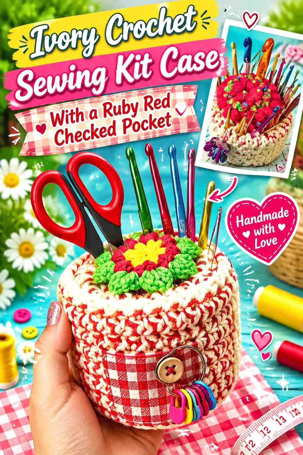 Ivory Crochet Sewing Kit Case With a Ruby Red Checked Pocket