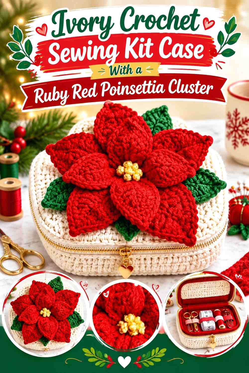 Ivory Crochet Sewing Kit Case With a Ruby Red Poinsettia Cluster