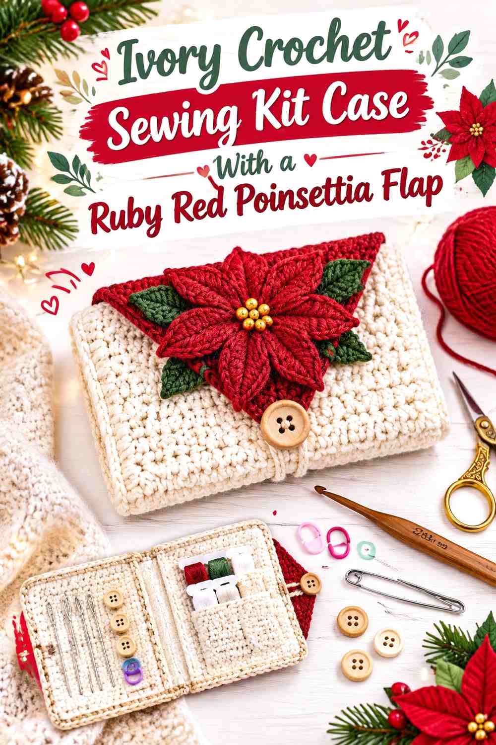 Ivory Crochet Sewing Kit Case With a Ruby Red Poinsettia Flap