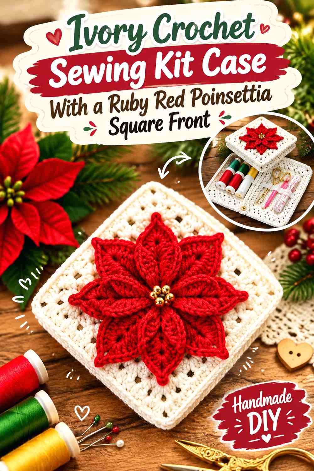 Ivory Crochet Sewing Kit Case With a Ruby Red Poinsettia Square Front