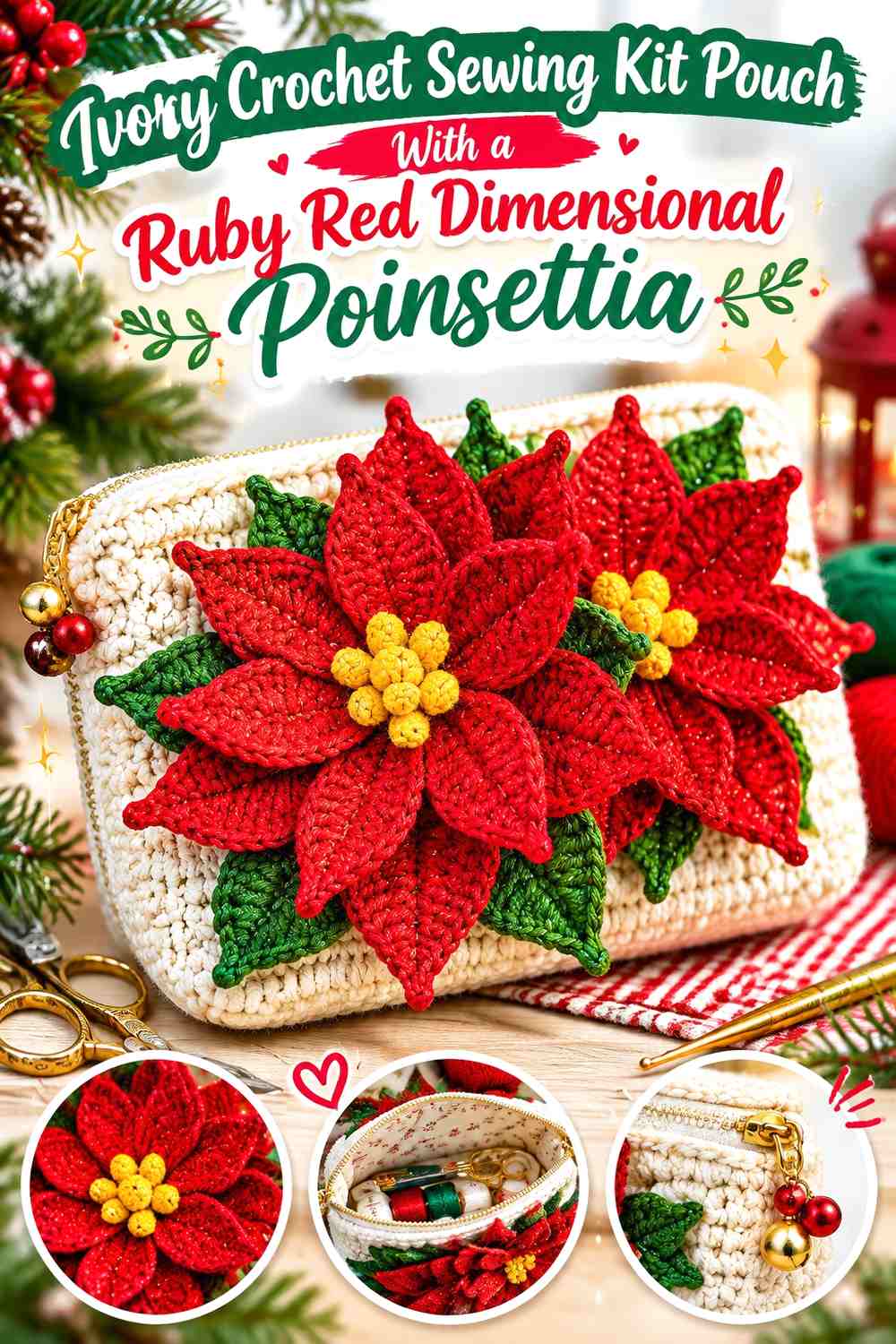 Ivory Crochet Sewing Kit Pouch With a Ruby Red Dimensional Poinsettia