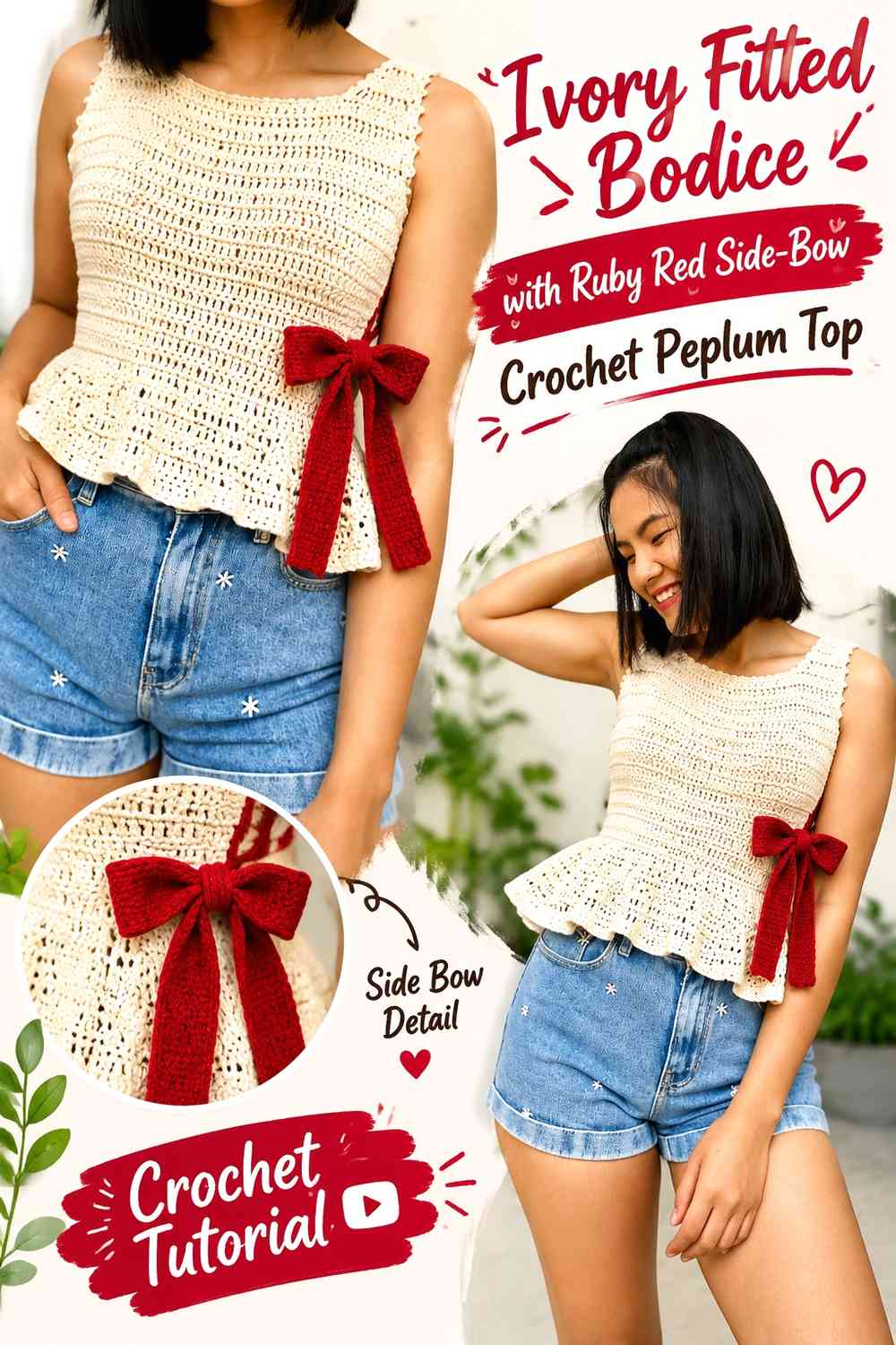 Ivory Fitted Bodice with Ruby Red Side-Bow Crochet Peplum Top