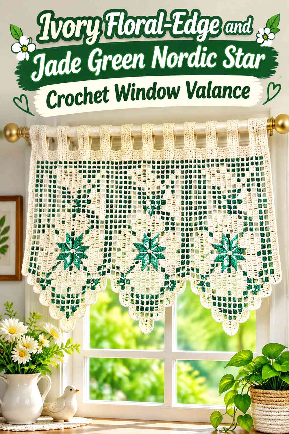 Ivory Floral-Edge and Jade Green Nordic Star Crochet Window Valance