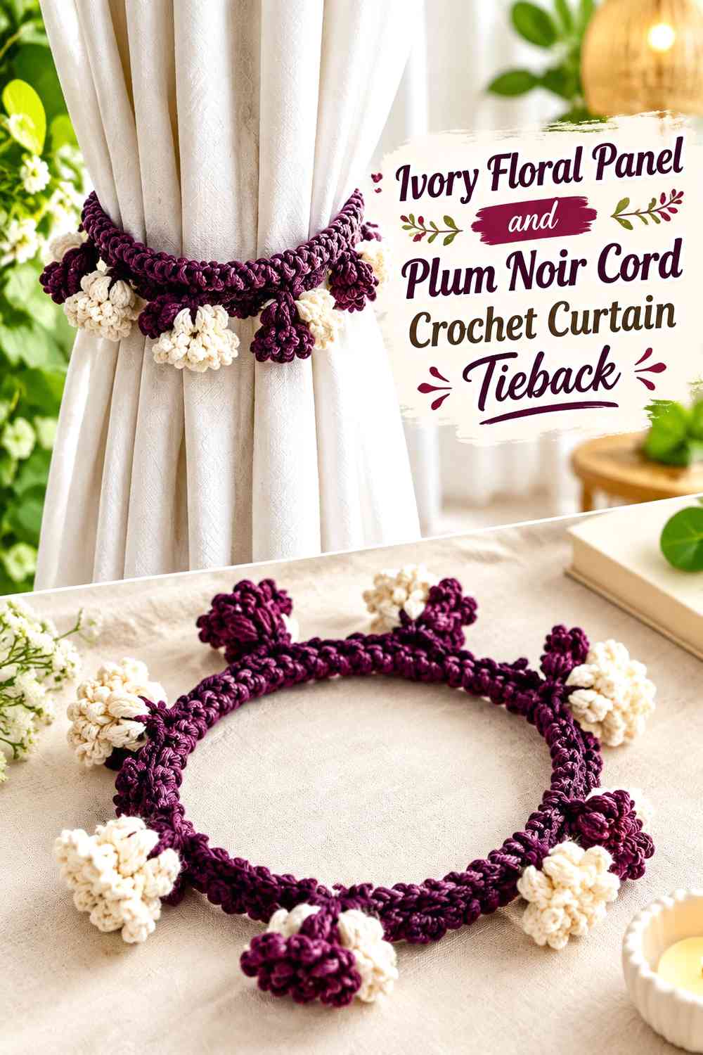Ivory Floral Panel and Plum Noir Cord Crochet Curtain Tieback