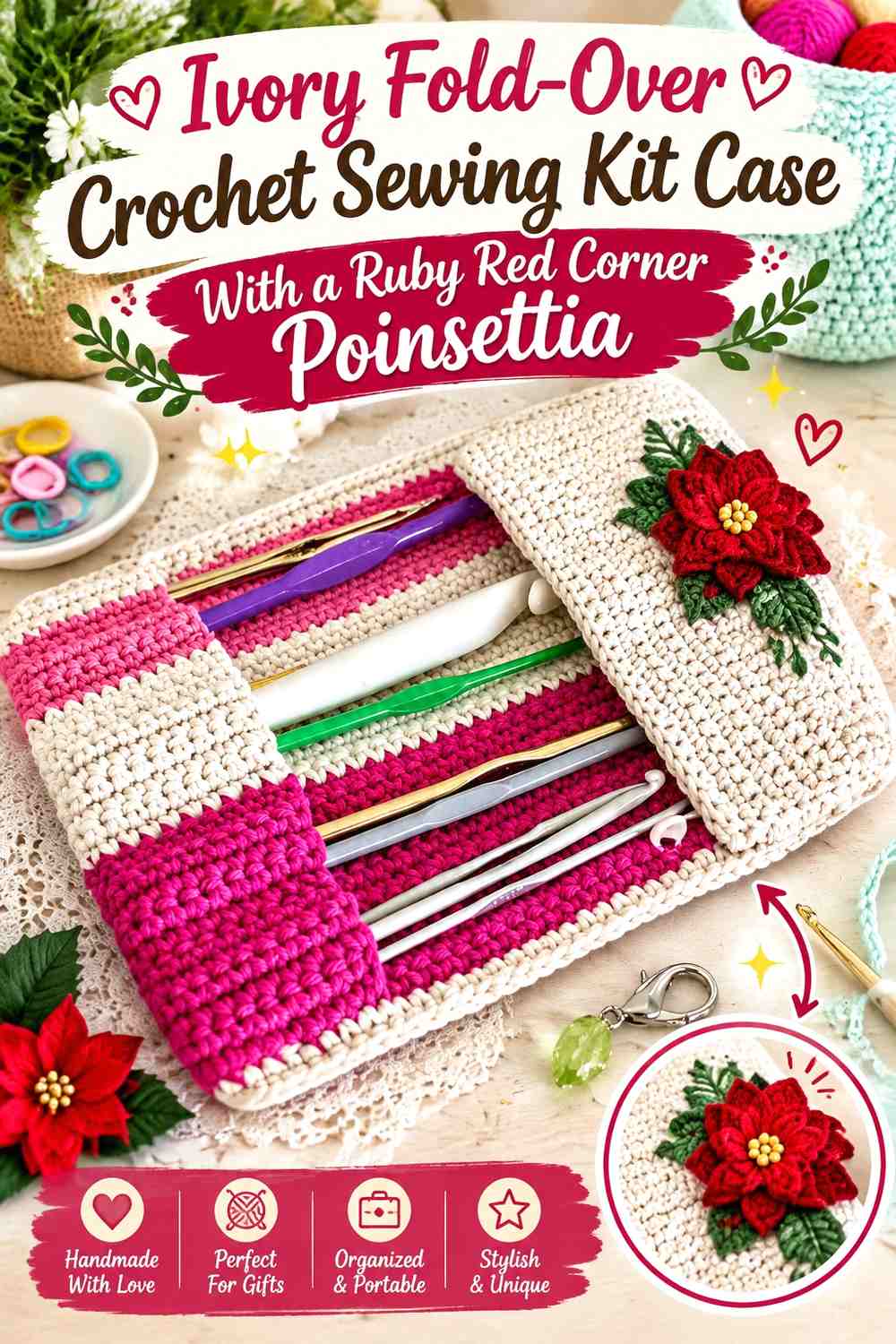 Ivory Fold-Over Crochet Sewing Kit Case With a Ruby Red Corner Poinsettia