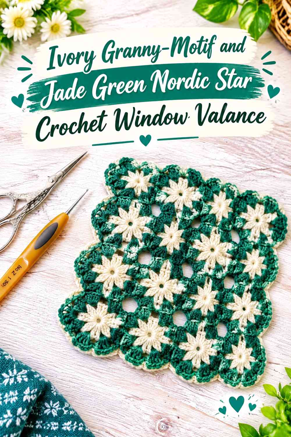 Ivory Granny-Motif and Jade Green Nordic Star Crochet Window Valance