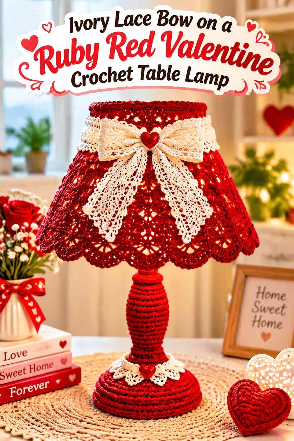 Ivory Lace Bow on a Ruby Red Valentine Crochet Table Lamp