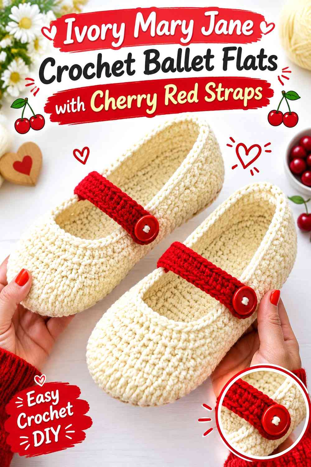 Ivory Mary Jane Crochet Ballet Flats with Cherry Red Straps
