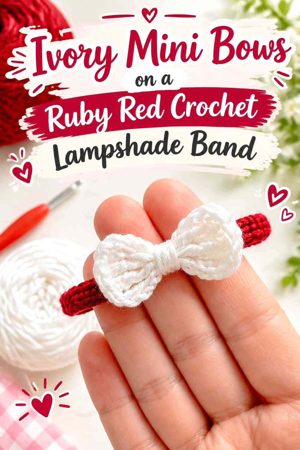 Ivory Mini Bows on a Ruby Red Crochet Lampshade Band