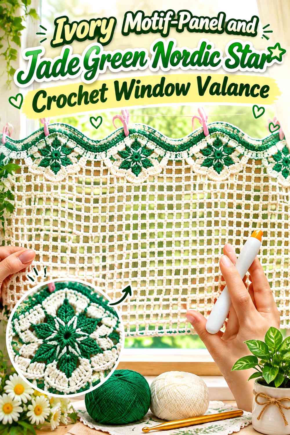 Ivory Motif-Panel and Jade Green Nordic Star Crochet Window Valance