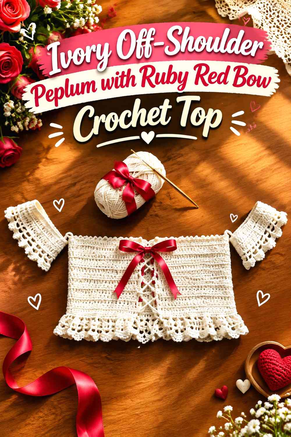 Ivory Off-Shoulder Peplum with Ruby Red Bow Crochet Top