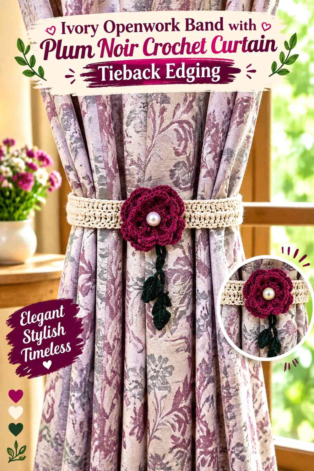 Ivory Openwork Band with Plum Noir Crochet Curtain Tieback Edging