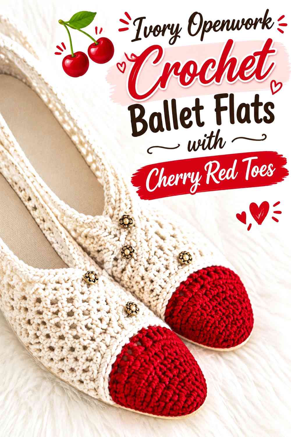 Ivory Openwork Crochet Ballet Flats with Cherry Red Toes
