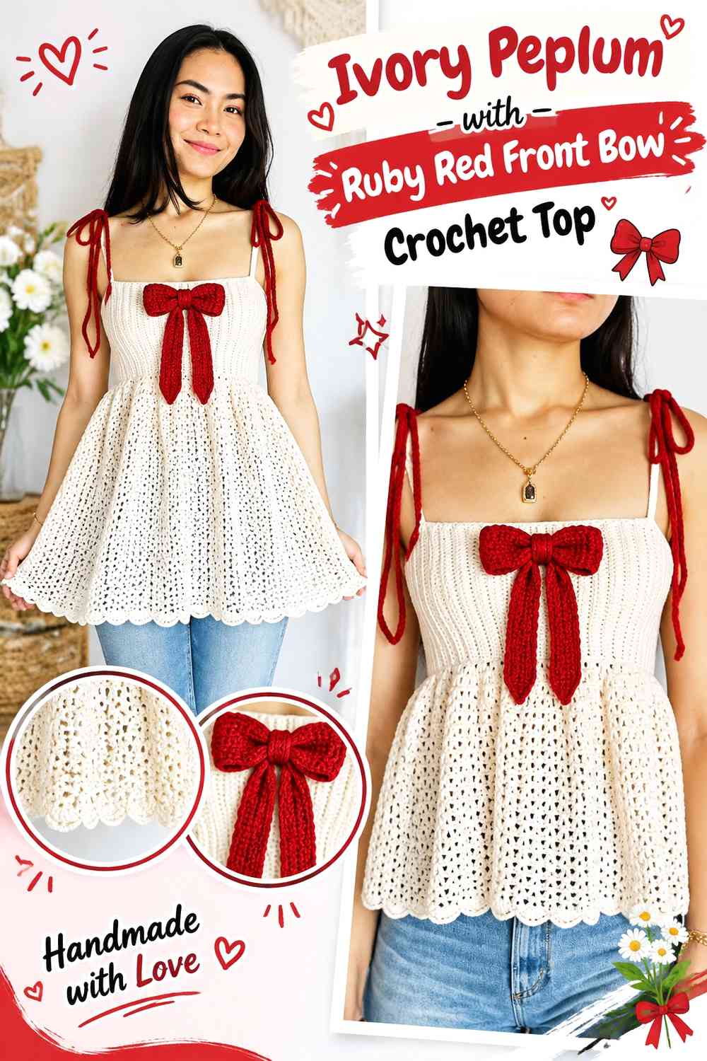 Ivory Peplum with Ruby Red Front Bow Crochet Top
