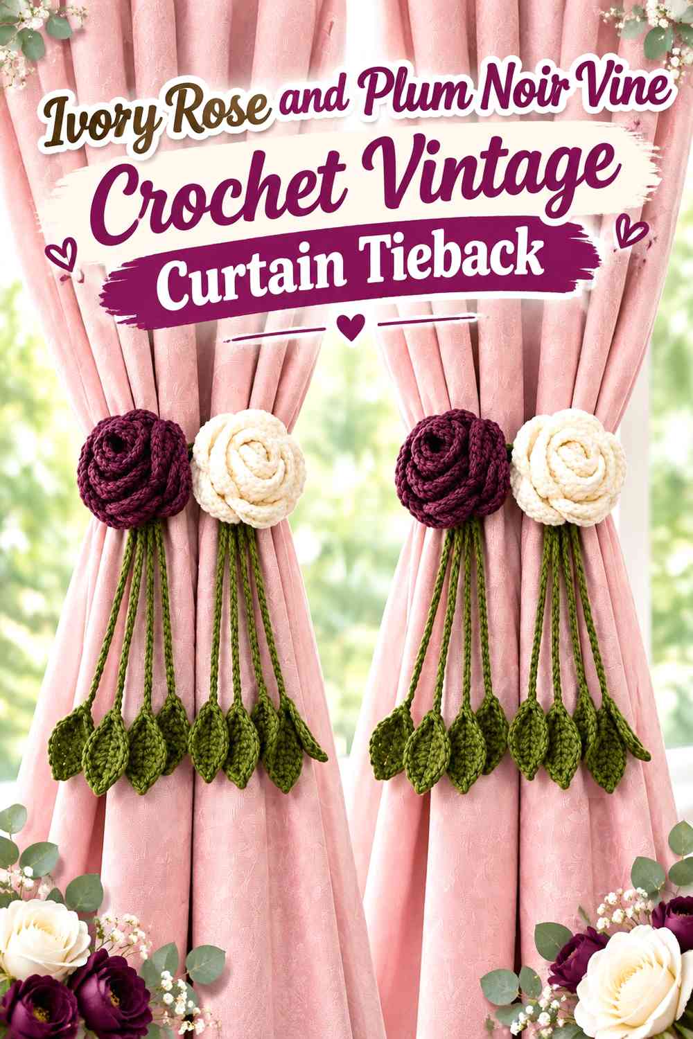 Ivory Rose and Plum Noir Vine Crochet Vintage Curtain Tieback