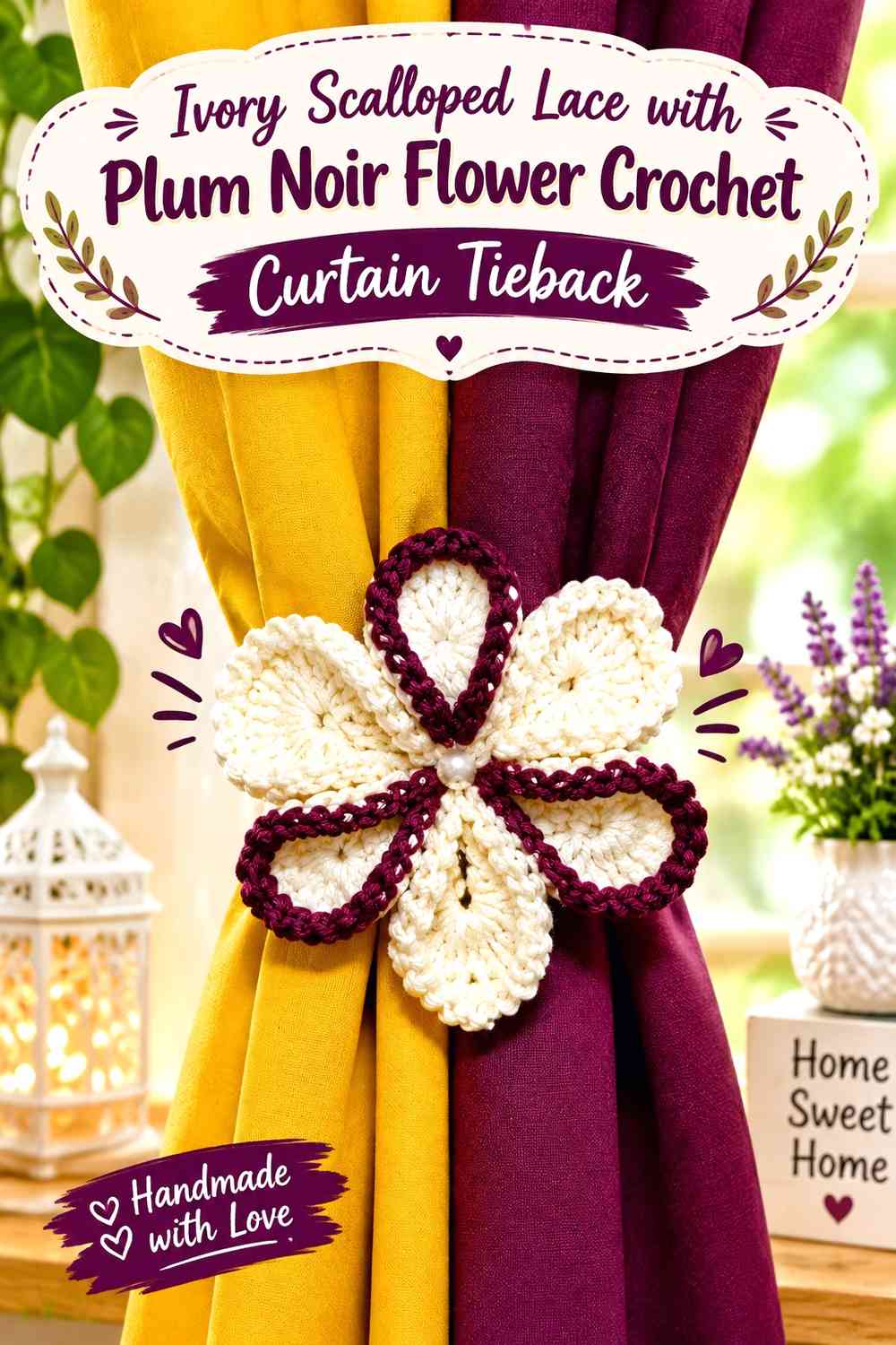 Ivory Scalloped Lace with Plum Noir Flower Crochet Curtain Tieback