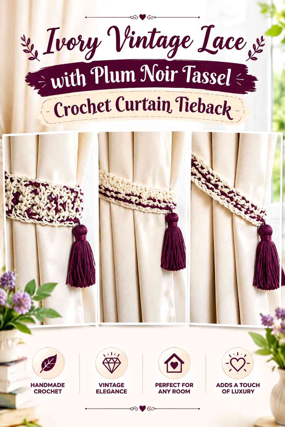 Ivory Vintage Lace with Plum Noir Tassel Crochet Curtain Tieback