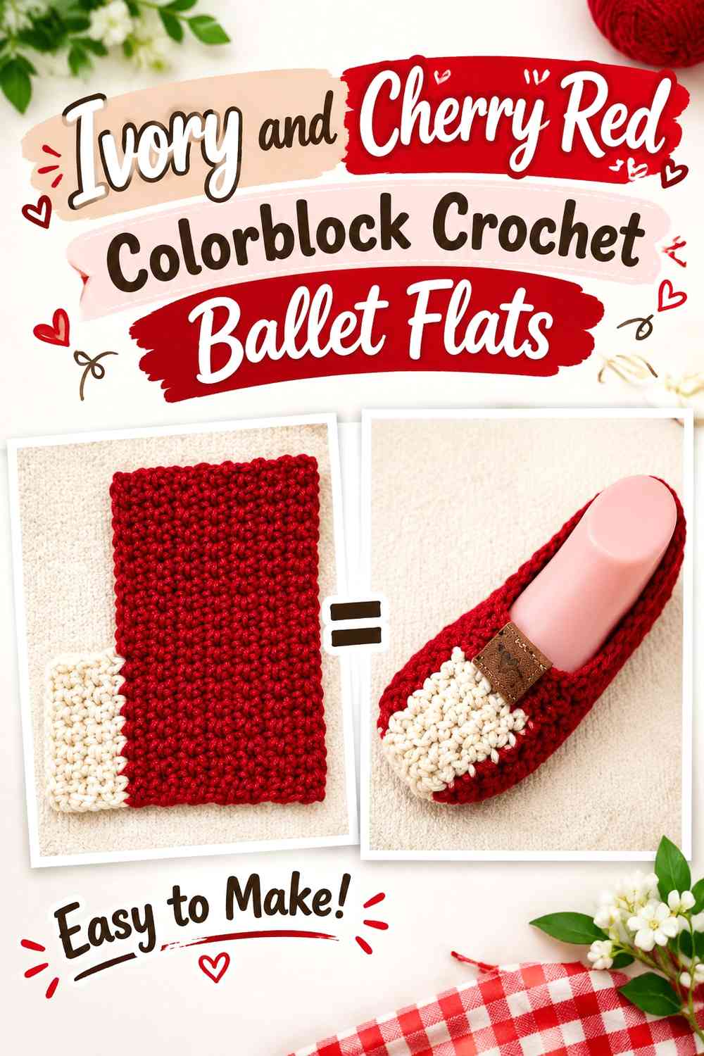 Ivory and Cherry Red Colorblock Crochet Ballet Flats