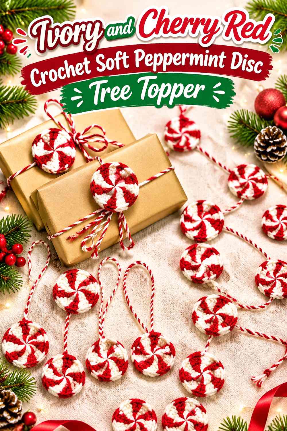 Ivory and Cherry Red Crochet Soft Peppermint Disc Tree Topper