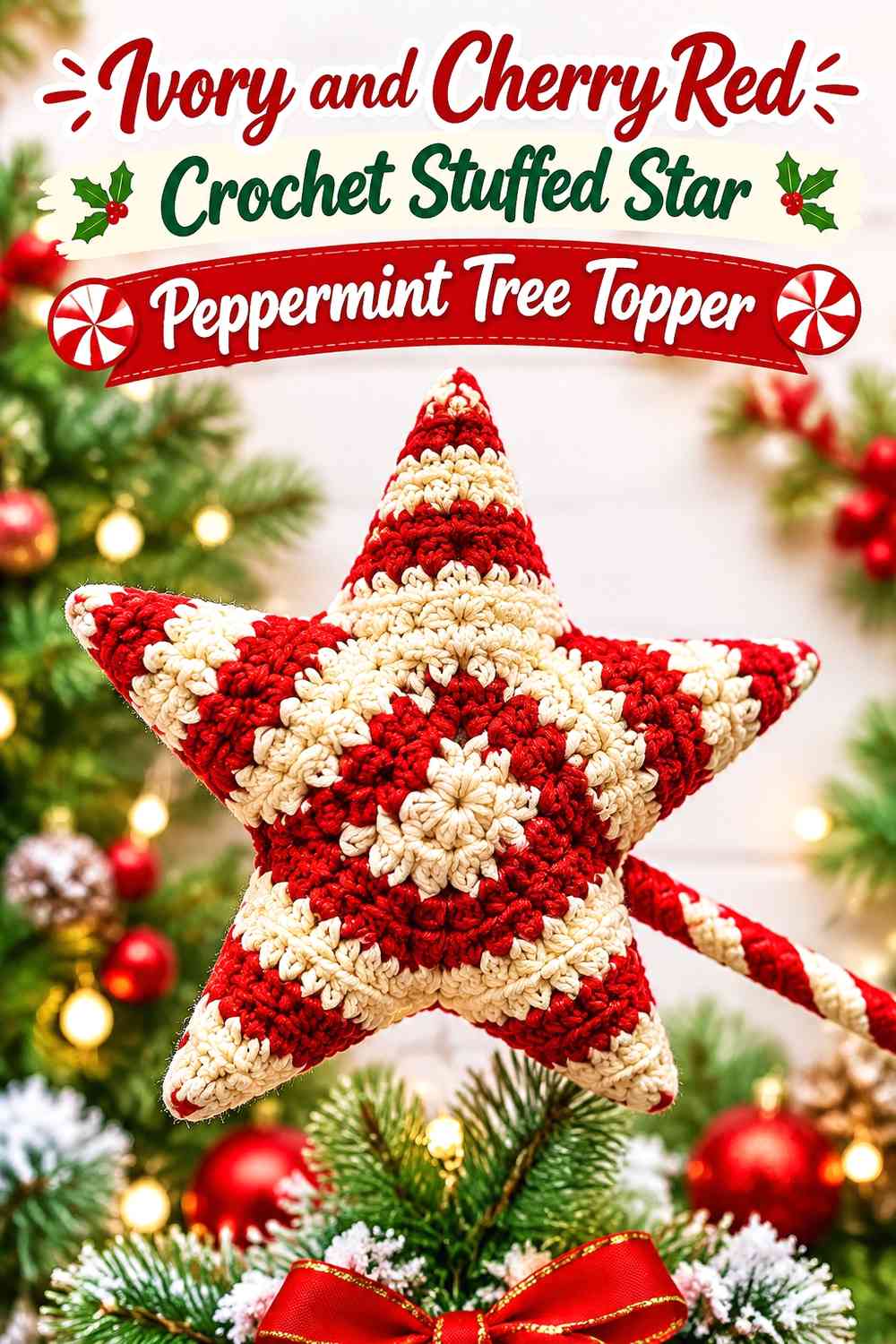 Ivory and Cherry Red Crochet Stuffed Star Peppermint Tree Topper