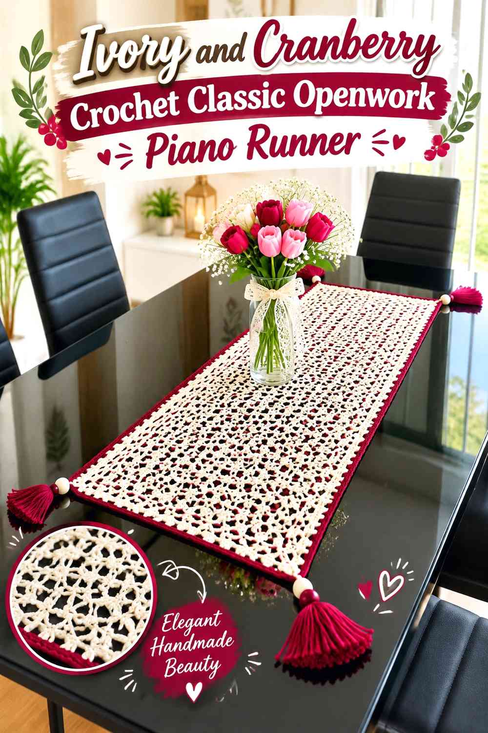 Ivory and Cranberry Crochet Classic Openwork Piano Runner