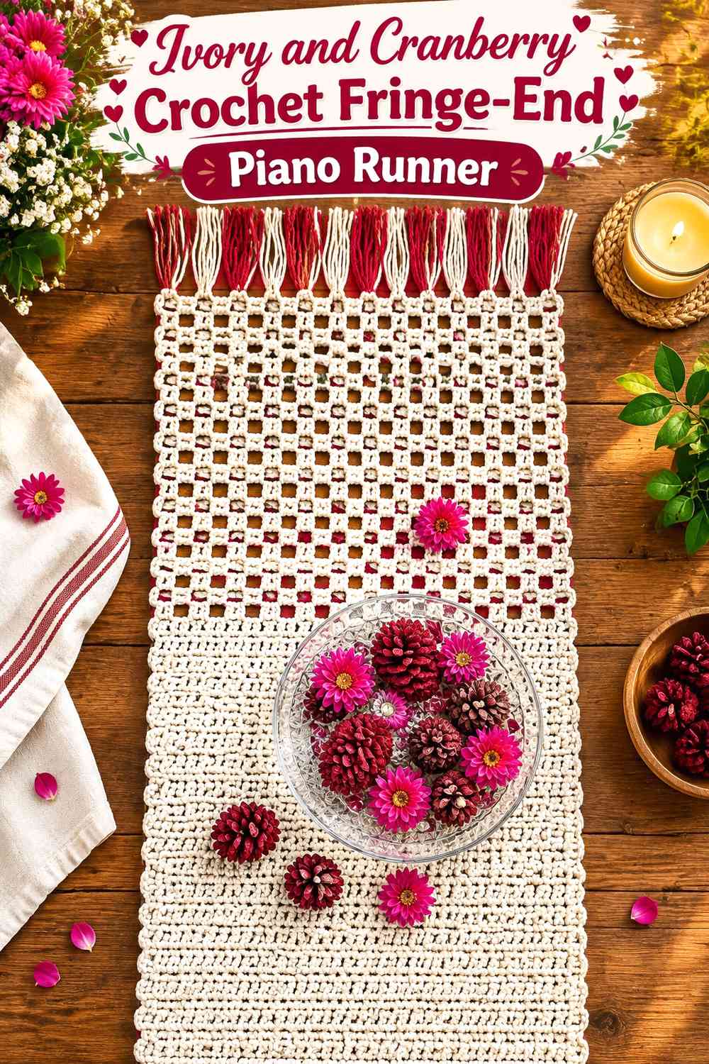 Ivory and Cranberry Crochet Fringe-End Piano Runner