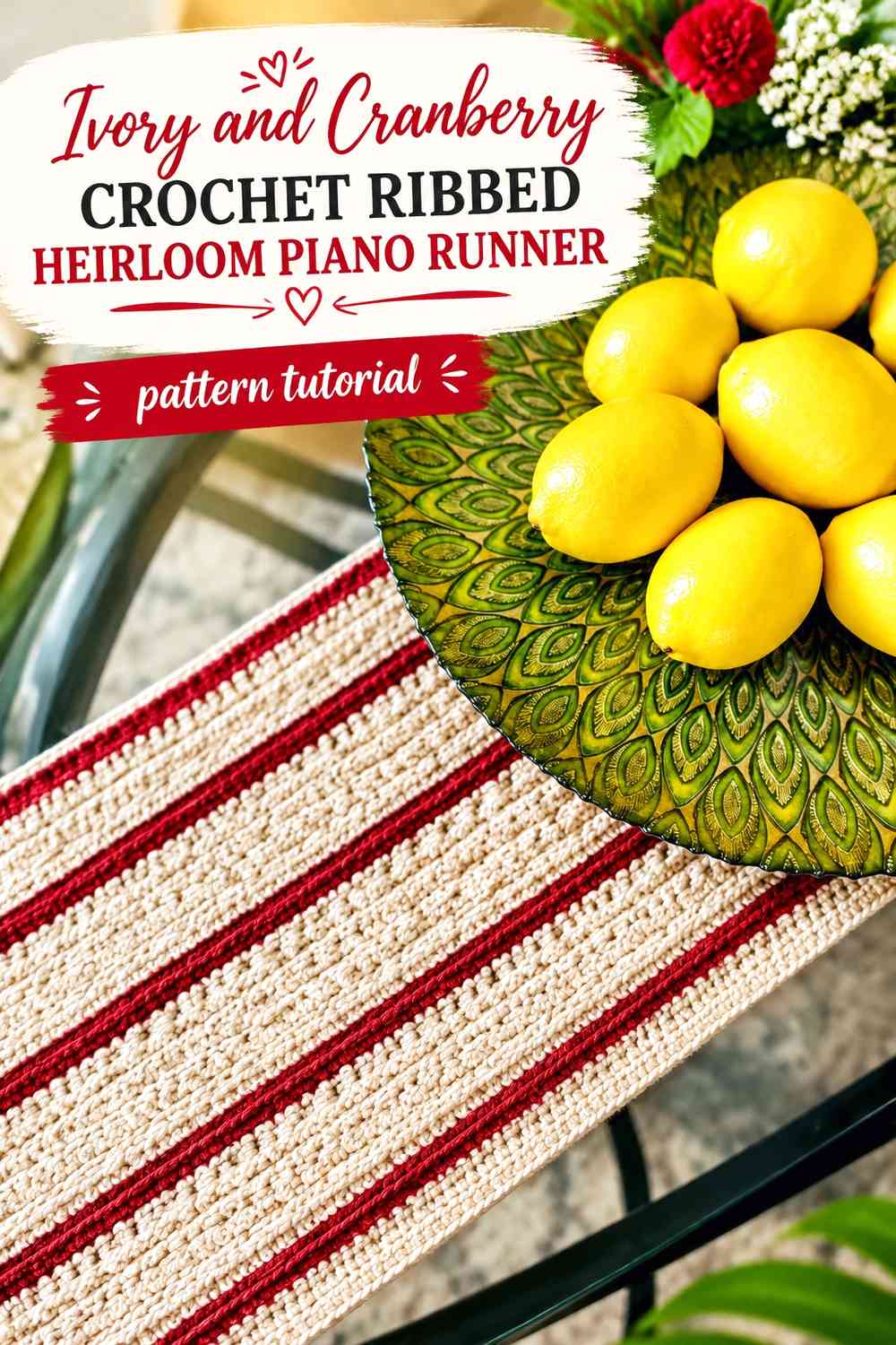 Ivory and Cranberry Crochet Ribbed Heirloom Piano Runner