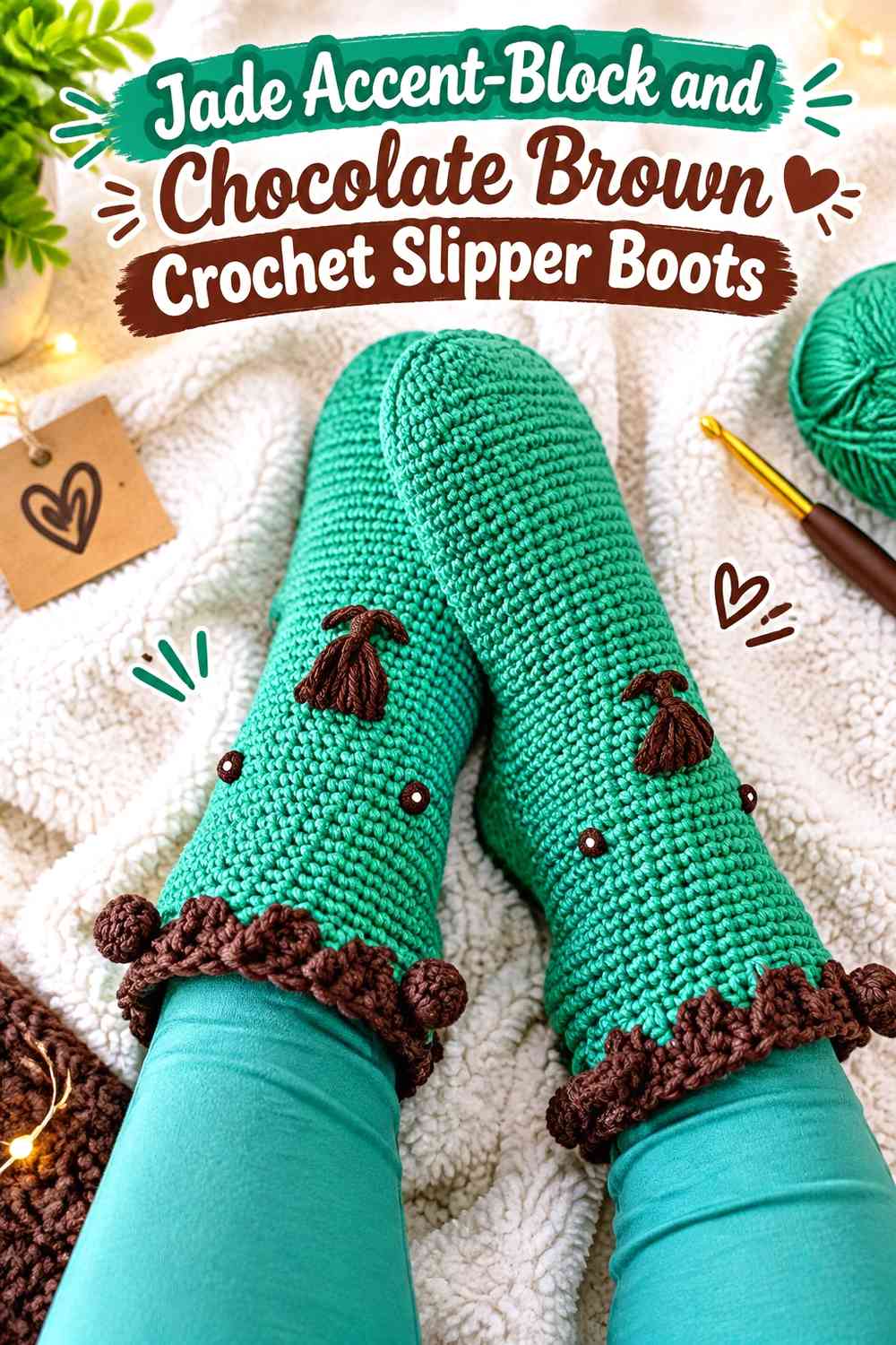 Jade Accent-Block and Chocolate Brown Crochet Slipper Boots